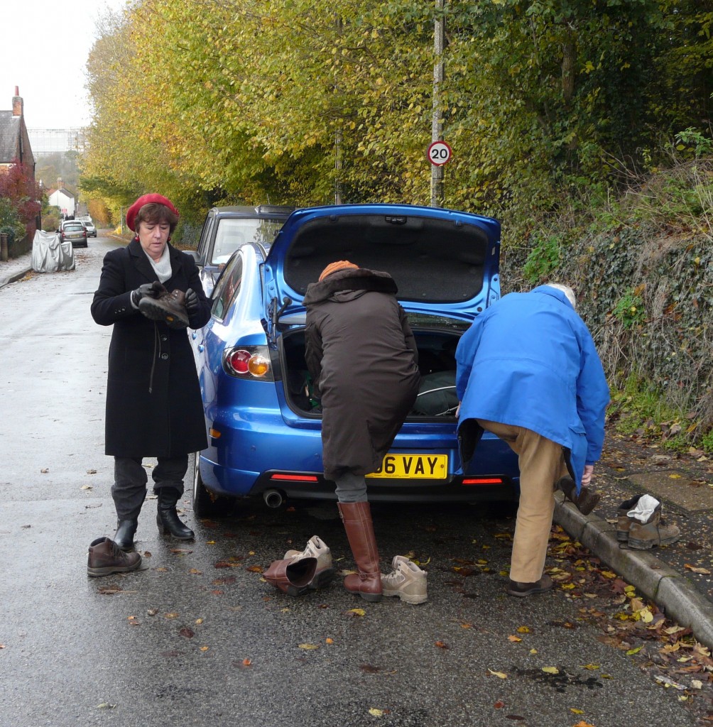 Dot, Julia and Dave getting properly shod in Trowse for our walk to Whitlingham