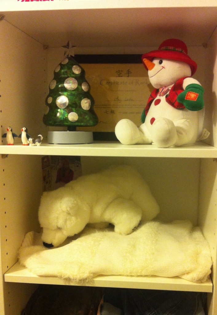 Part of Amy's Christmas decorations, featuring Frosty and what appears to be a bear