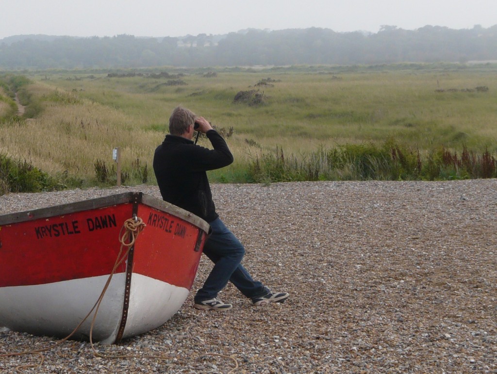 Bird-watching on Cley beach, looking over the marshes.