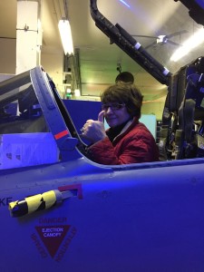 Chocks away! Dot in the cockpit at the Radar Museum.
