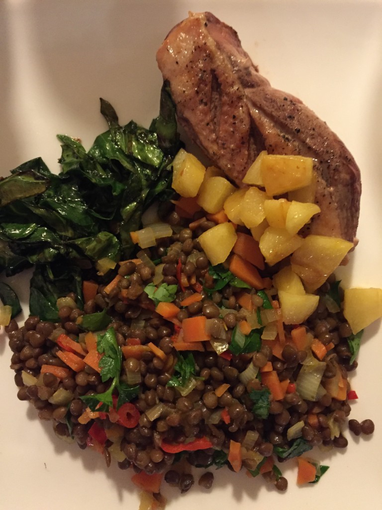 A random Hello Fresh meal, with duck and lentils, and apples and....