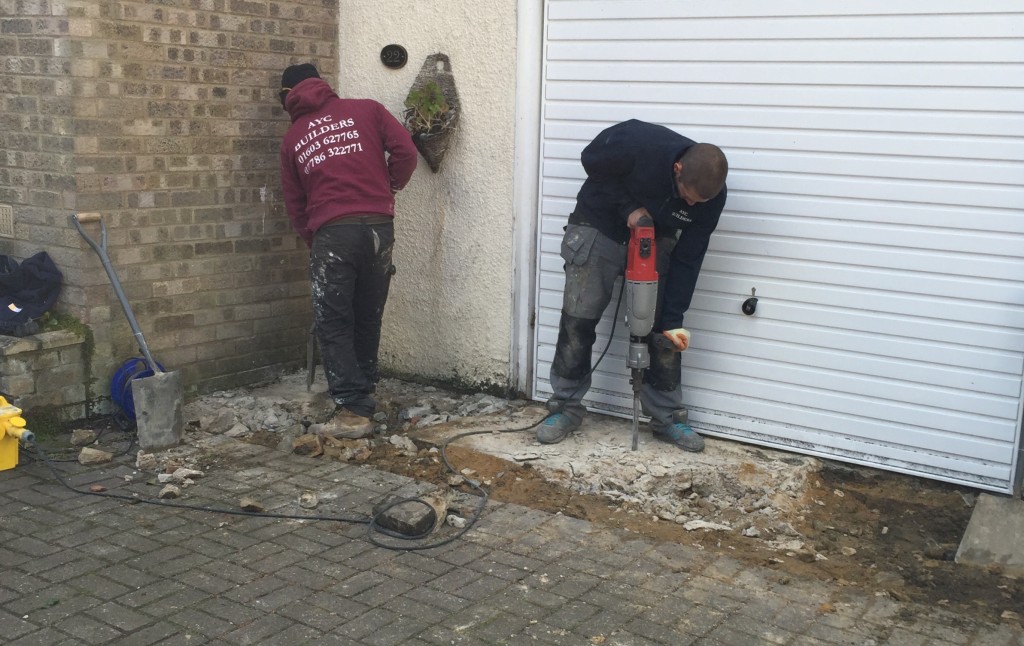 A rare moment of activity: Sam and Gary tackle the concrete.