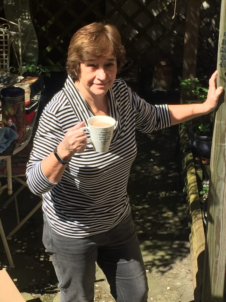 Dot pictured today, taking a break from uncluttering. For a while, our garden was a warm haven, out of the wind.