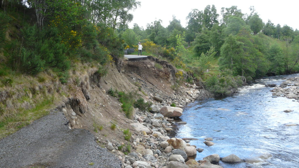 Road washed away near Birkhall – not by the River Dee but by the Water of Muick.