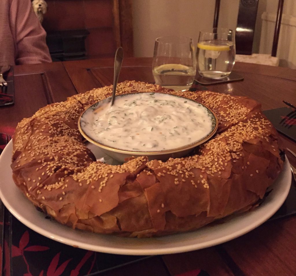 Lamb etc in filo pastry with yoghurt: created by Sue Eagle.